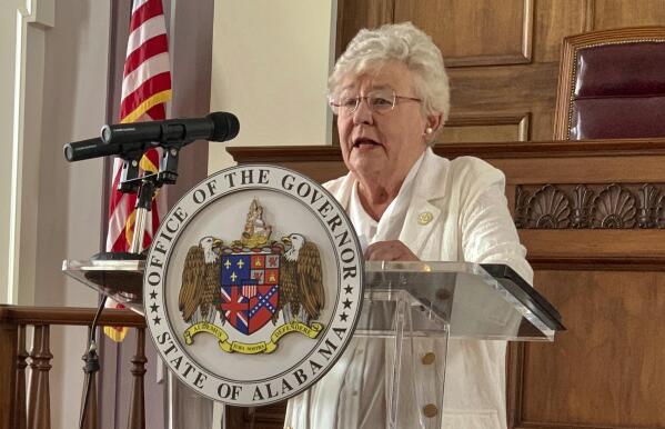 FILE - In this July 29, 2020 file photo, Alabama Gov. Kay Ivey speaks during a news conference in Montgomery, Ala. Alabama lawmakers return to Montgomery on Monday, Sept. 27, 2021,  to vote on a $1.3 billion prison construction plan proponents say will help address the state’s longstanding problems in corrections, but critics argue the troubles go much deeper and won’t be remedied with brick, mortar and bars. Alabama Gov. Kay Ivey called a special session next week for lawmakers to vote on the construction plan as well as a sentencing and supervision bill. Ivey said Alabama is risking a federal takeover of the prison system.  (AP Photo/Kim Chandler, File)