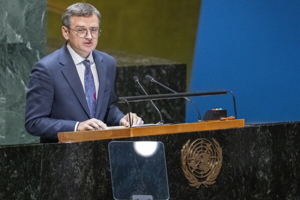 Ukrainian Foreign Minister Dmytro Kuleba addresses the United Nations General Assembly, Friday, Feb. 23, 2024 at United Nations headquarters, ahead of the second anniversary of the Russian invasion of Ukraine,. (AP Photo/Mary Altaffer)