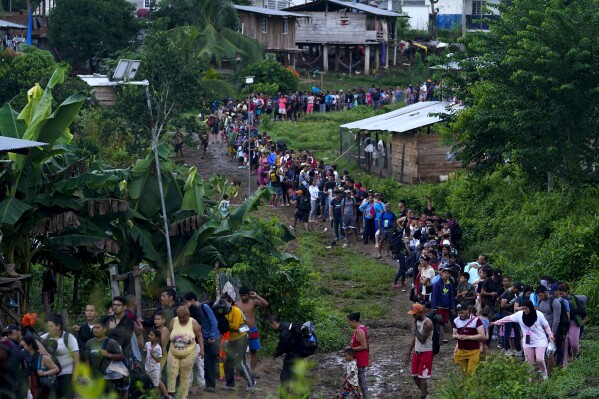 Migrants heading north line up to take a boat in Bajo Chiquito in the Darien province of Panama, Thursday, Oct. 5, 2023, after walking across the Darien Gap from Colombia. (AP Photo/Arnulfo Franco)