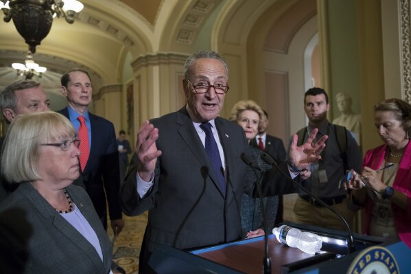 
              Seate Minority Leader Chuck Schumer, D-N.Y., joined from left by, Sen. Patty Murray, D-Wash., Sen. Dick Durbin, D-Ill., Sen. Ron Wyden, D-Ore., and Sen. Debbie Stabenow, D-Mich., speaks with reporters outside the chamber after Vice President Mike Pence broke a 50-50 tie to start debating Republican legislation to tear down much of the Obama health care law, on Capitol Hill in Washington, Tuesday, July 25, 2017. (AP Photo/J. Scott Applewhite)
            
