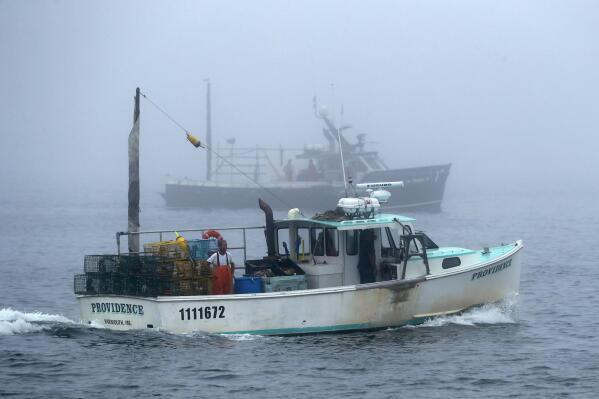 FILE — Lobster fishing boats head out to sea on a foggy morning, Wednesday, July 25, 2018, off South Portland, Maine. Lobstermen are going to have to begin using special rope or inserts to weaken existing rope starting in May of 2022 in some waters to help protect critically endangered North Atlantic right whales. The Maine Department of Marine Resources has received numerous complaints that there isn't a sufficient supply of approved ropes or weak links, a spokesperson told the Bangor Daily News. (AP Photo/Robert F. Bukaty, File)