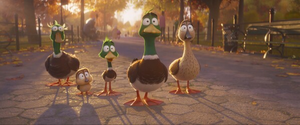 This image released by Illumination Entertainment & Universal Pictures shows, from left, Uncle Dan, voiced by Danny DeVito, Gwen, voiced by Tresi Gazal, Dax, voiced by Caspar Jennings, Mack, voiced by Kumail Nanjiani and Pam, voiced by Elizabeth Banks in a scene from "Migration." (Illumination Entertainment & Universal Pictures via AP)