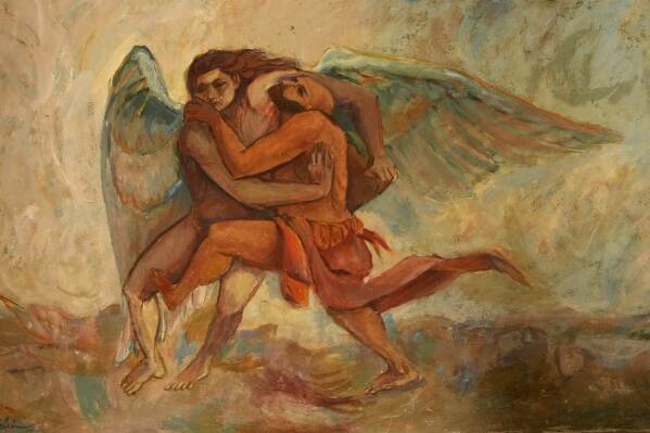 This photo shows a detail of a fresco painted by a member of the Skowhegan School of Painting and Sculpture on a wall at the South Solon Meeting House, Sunday, April 6, 2025, in Solon, Maine. (Courtesy of the South Solon Historical Society via AP)