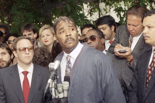 FILE - In this May 1, 1992 file photo, Rodney King speaks during a news conference in Los Angeles pleading for the end to the rioting and looting that has plagued the city following the verdicts in the trial against four Los Angeles Police officers accused of beating him. It was King's first public appearance in a year. (AP Photo/David Longstreath)