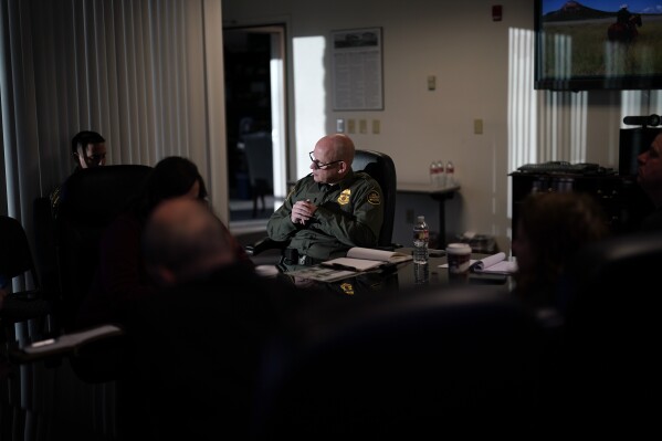 Chief Border Patrol Agent John Modlin pauses during a news conference, Friday, Dec. 15, 2023, in Tucson, Ariz. (AP Photo/Gregory Bull)