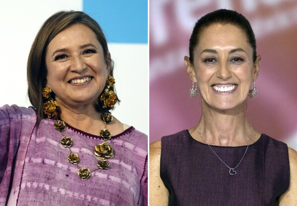 FILE - This combination of two file photos shows Xochitl Galvez, left, arriving to register her name as a presidential candidate on July 4, 2023, in Mexico City, and Claudia Sheinbaum, right, at an event that presented her as her party's presidential nominee on Sept. 6, 2023, in Mexico City. The two women, considered the frontrunners in Mexico's presidential election, discussed social spending and climate change in the race's second debate Sunday, April 28, 2024, which also included Jorge Álvarez Máynez. (AP Photo/Fernando Llano, File)