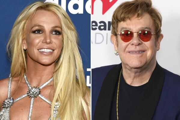 This combination of photos show Britney Spears at the 29th annual GLAAD Media Awards in Beverly Hills, Calif., on April 12, 2018, left, and Elton John at the iHeartRadio Music Awards on Thursday, May 27, 2021, in Los Angeles. Spears and John have collaborated for the first time, creating the slinky, club-ready single "Hold Me Closer" that sees the pop icons take old sounds and fashion something new. (AP Photo)