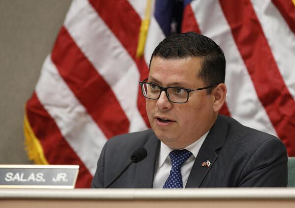 FILE - In this Aug. 12, 2019, file photo, Assemblyman Rudy Salas Jr. asks questions during a hearing in Sacramento, Calif. One of the country's most competitive U.S. House races is unfolding in California's farm belt. Republican U.S. Rep. David Valadao is facing a growing list of Democratic and GOP challengers. On Monday, Oct. 18, 2021, Salas became the latest to get in. The Central Valley district is heavily Latino and has a huge Democratic registration edge, but Valadao had displayed an independent streak and was among 10 House Republicans who voted to impeach then-President Donald Trump. (AP Photo/Rich Pedroncelli, File)