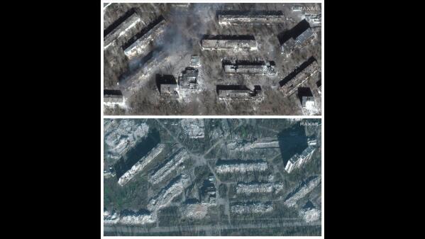 FILE - This combination of satellite images provided by Maxar Technologies shows damaged residential apartment buildings in the Livoberezhnyi district of Mariupol, Ukraine, on March 29, 2022, top, and on Nov. 30, 2022, after they were torn down. (Maxar Technologies via AP, File)