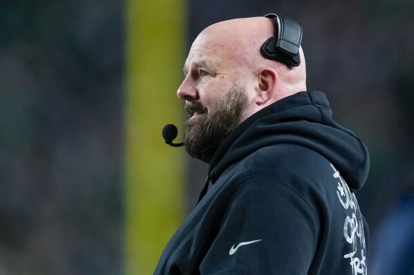 New York Giants head coach Brian Daboll watches during the first half of an NFL football game against the Philadelphia Eagles Monday, Dec. 25, 2023, in Philadelphia. (AP Photo/Matt Rourke)