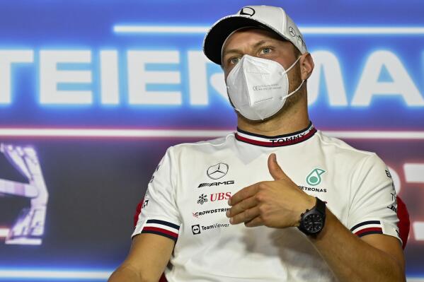 Mercedes driver Valtteri Bottas of Finland attends a news conference at the Red Bull Ring racetrack in Spielberg, Austria, Thursday, June 24, 2021. The Styrian Formula One Grand Prix will be held on Sunday, June 27, 2021. (Christian Bruna/Pool via AP)