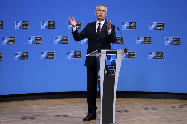 NATO Secretary General Jens Stoltenberg speaks during a media conference after a meeting of NATO defense ministers at NATO headquarters in Brussels, Friday, June 16, 2023. NATO defense ministers concluded two days of meetings on Friday in which they discussed their support for Ukraine and ways to boost the defenses of eastern flank allies near Russia. (AP Photo/Virginia Mayo)
