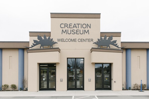 The Creation Museum Welcome Center entrance is seen in Petersburg, Ky., Friday, March 21, 2025. (AP Photo/Madeleine Hordinski)