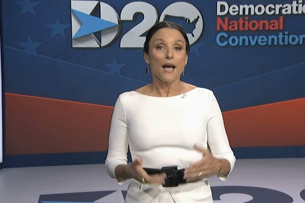 In this image from video, Julia Louis-Dreyfus, serving as moderator, speaks during the fourth night of the Democratic National Convention on Thursday, Aug. 20, 2020. (Democratic National Convention via AP)