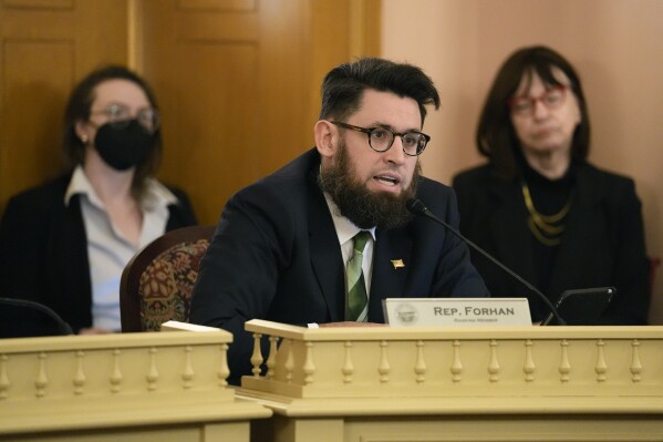 FILE - State Rep. Elliot Forhan asks questions during a hearing, March 7, 2023, in Columbus, Ohio. In a report issued Friday, April 5, 2024, an independent state-ordered investigation has concluded that Ohio legislative leaders were justified in discipling Rep. Forhan who was removed by House Democratic leadership from committees and banned from contacting staff following an alleged pattern of “erratic and abusive behavior.” (Brooke LaValley/The Columbus Dispatch via AP, File)
