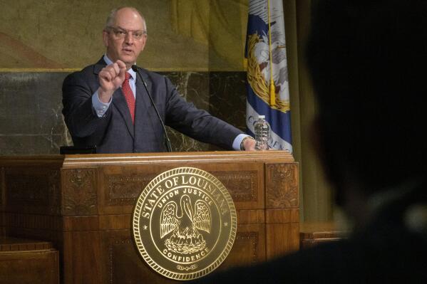 FILE - Louisiana Gov. John Bel Edwards speaks during a press conference in Baton Rouge, La., Tuesday, Feb. 1, 2022. The Democrat's proposed state budget for 2023-2024 is being presented to lawmakers Friday, Feb. 17, 2023. (AP Photo/Matthew Hinton, File)