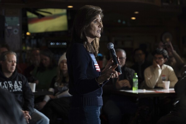 Republican presidential candidate former UN Ambassador Nikki Haley, speaks at a campaign event at Mickey's Irish Pub in Waukee, Iowa, Tuesday, Jan 9, 2024. (AP Photo/Carolyn Kaster)