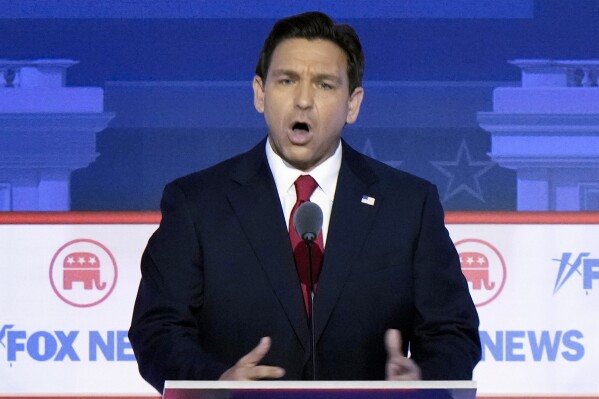 FILE - Republican presidential candidate Florida Gov. Ron DeSantis speaks during a Republican presidential primary debate hosted by FOX News Channel, Aug. 23, 2023, in Milwaukee. DeSantis says he got a $1 million cash bump after Wednesday night’s presidential debate. His campaign says that amount came in over the first 24 hours after DeSantis and seven other contenders met in Milwaukee. (AP Photo/Morry Gash, File)