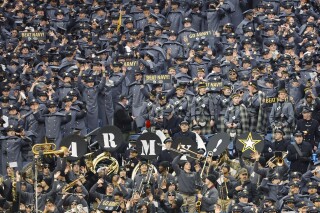 Army Cadets fill the stands during the first quarter of an NCAA football game between the Navy Midshipmen and the Army Black Knights at Gillette Stadium Saturday, Dec. 9, 2023, in Foxborough, Mass. An altered video from the game in which the crowd appears to yell an anti-Biden chant is spreading online. (AP Photo/Winslow Townson)