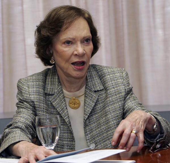 FILE - Former first lady Rosalynn Carter discusses the Institute of Medicine report, "Crossing the Quality Chasm: Adaptation to Mental Health and Addictive Disorders," during the 21st annual Rosalynn Carter Symposium on Mental Health Policy at the Carter Center, Nov. 3, 2005, in Atlanta. Health care experts say the advocacy of Carter, who died Sunday, Nov. 19, 2023, at age 96, created a framework for much of the progress on mental illness in America. (AP Photo/Ric Feld, File)