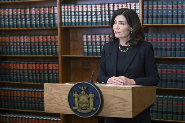 FILE - New York Gov. Kathy Hochul speaks to reporters at the New York Court of Appeals in Albany, N.Y., June 7, 2023. Hochul announced on Monday, Oct. 16, 2023, she will travel to Israel on Tuesday, Oct. 17, for a “solidarity mission” with the nation. (AP Photo/Hans Pennink, File)