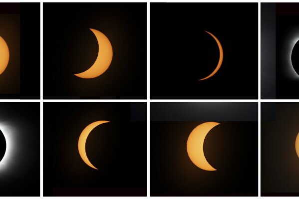 This photo combo shows the sequence of a total solar eclipse seen from Piedra del Aguila, Argentina, Monday, Dec. 14, 2020. The total solar eclipse was visible from the northern Patagonia region of Argentina and from Araucania in Chile, and as a partial eclipse from the lower two-thirds of South America. (AP Photo/Natacha Pisarenko)