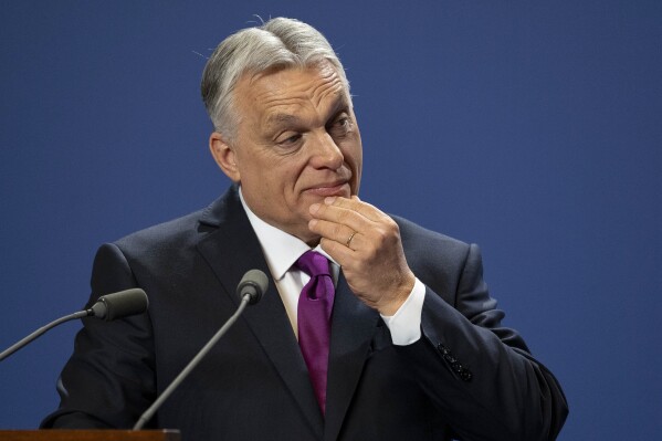 Hungarian Prime Minister Viktor Orban reacts during a press statement at the Carmelite Monastery in the Buda Castle in Budapest, Hungary, Thursday, April 3, 2025. (AP Photo/Denes Erdos, File)