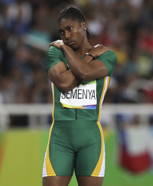 FILE - South Africa's Caster Semenya waits for the start of the 800-meter semifinal race during the athletics competitions of the 2016 Summer Olympics at the Olympic stadium in Rio de Janeiro, Brazil. Caster Semenya finally lost her long legal battle Tuesday, Sept. 8, 2020, against track and field’s rules to limit female runners’ naturally high testosterone levels. (AP Photo/Lee Jin-man, File)