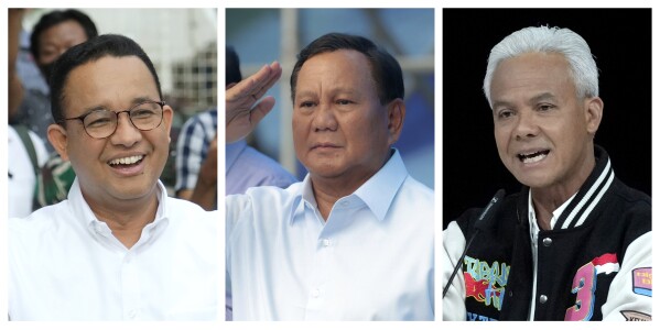 FILE - This combo photo shows Indonesian presidential candidates, from left, Anies Baswedan, Prabowo Subianto and Ganjar Pranowo. Indonesians on Wednesday, Feb. 14, 2024 will elect the successor to popular President Joko Widodo, who is serving his second and final term. It is a three-way race for the presidency among current Defense Minister Prabowo Subianto and two former governors, Anies Baswedan and Ganjar Pranowo. (APPhoto, File)