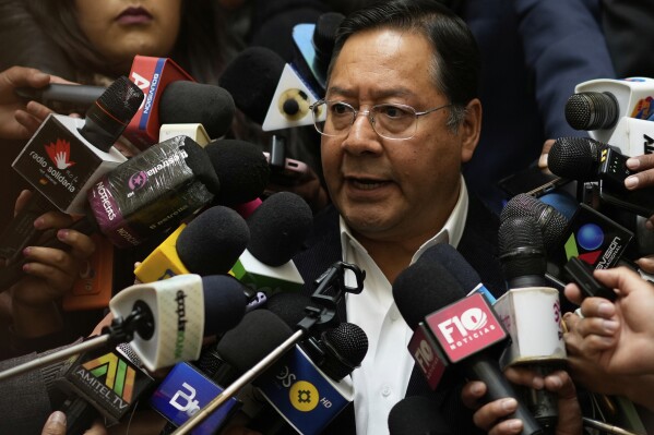 Bolivian President Luis Arce gives a press conference at the presidential palace in La Paz, Bolivia, April 7, 2025. (AP Photo/Juan Karita, File)