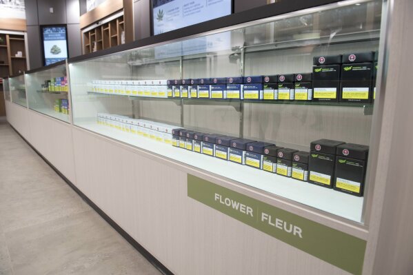 
              Cannabis products are shown inside a Cannabis NB retail store in Fredericton, New Brunswick, on Tuesday, Oct. 16, 2018. (Stephen MacGillivray/The Canadian Press via AP)
            