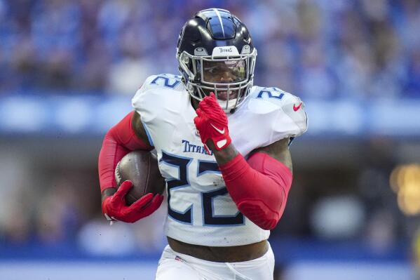 Tennessee Titans running back Derrick Henry runs against the Indianapolis Colts in the first half of an NFL football game in Indianapolis, Fla., Sunday, Oct. 2, 2022. (AP Photo/AJ Mast)