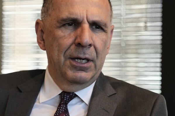 Greece Foreign Minister Giorgos Gerapetritis responds to questions during an interview at the Permanent Mission of Greece to the United Nations, in New York, Monday, May 19, 2025. (AP Photo/Richard Drew)
