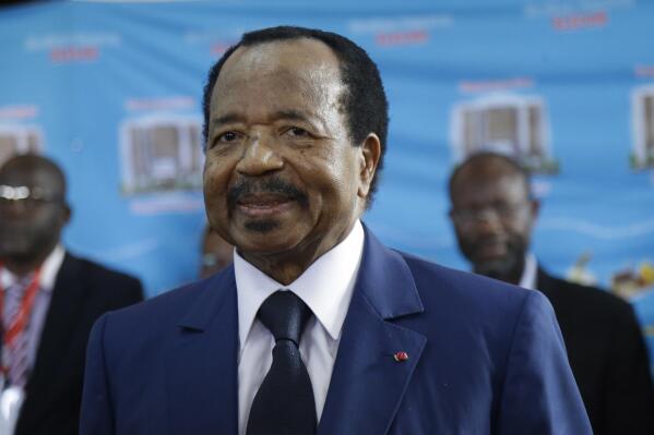 FILE - In this Oct. 7, 2018 file photo, Cameroon's President Paul Biya, of the Cameroon People's Democratic Movement party, during the Presidential elections in Yaounde, Cameroon. President Paul Biya is marking 40 years in power but staying out of the spotlight as questions swirl around the 89-year-old leader. Biya has not appeared in public since French President Emmanuel Macron visited the Central African nation in July, (AP Photo/Sunday Alamba, File)