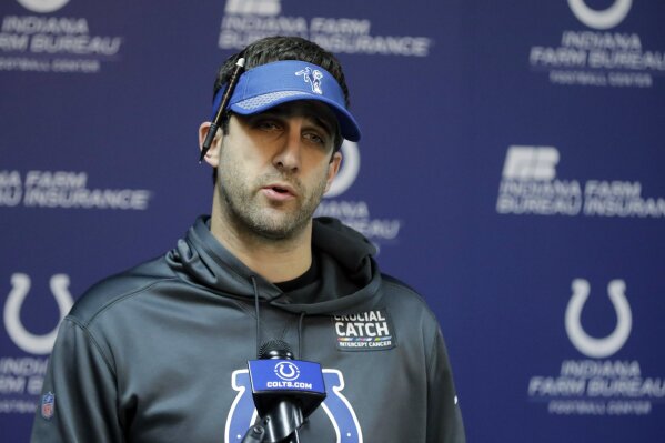 FILE- In this Wednesday, Jan. 2, 2019, file photo, Indianapolis Colts offensive coordinator Nick Sirianni speaks during a news conference at the NFL football team's facility in Indianapolis. The Philadelphia Eagles are nearing a deal to hire Nick Sirianni to be their head coach, according to two people familiar with the decision. Both people spoke to The Associated Press Thursday, Jan. 21, 2021, on condition of anonymity because the team hasn't officially announced the hiring.  (AP Photo/Darron Cummings, File)