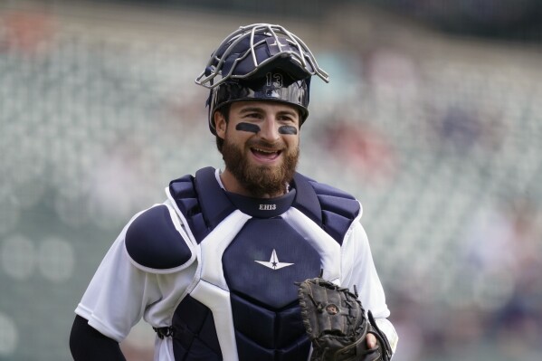 FILE - Detroit Tigers catcher Eric Haase plays during the first inning of a baseball game, Thursday, May 13, 2021, in Detroit. Haase has signed a one-year contract with the Milwaukee Brewers. The Brewers were seeking a backup catcher as they attempt to replace Victor Caratini, who signed a two-year, $12 million contract with the Houston Astros earlier this month. (AP Photo/Carlos Osorio, File)