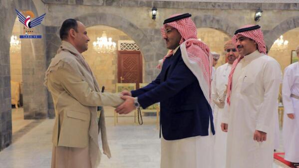 In this handout photo released on April 9, 2023 by the Houthi group’s media arm Ansar Allah, head of the Houthi’s supreme political council Mahdi al-Mashat, left, shakes hands with Saudi Arabia’s Ambassador to Yemen Mohammed bin Saeed Al-Jaber, in Sanaa, Yemen. Saudi officials were in Yemen's capital Sunday for talks with the Iran-backed Houthi rebels, as part of international efforts to find a settlement to Yemen’s nine-year conflict. (Ansar Allah Media Office)