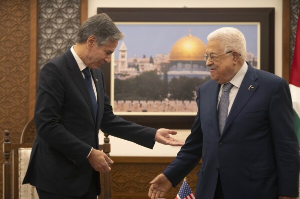 FILE - Palestinian President Mahmoud Abbas, right meets with U.S. Secretary of State Antony Blinken at his office in the West Bank city of Ramallah, on Nov. 30, 2023. The United States has offered strong support to Israel in its war against Hamas. But the allies ar increasingly at odds over what will happen to the Gaza Strip once the war winds down. (AP Photo/Nasser Nasser, Pool)