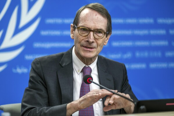 Erik Mose, Chair of the Independent International Commission of Inquiry on Ukraine, speaks about the Commissioners comprehensive report to Human Rights Council, during a press conference at the European headquarters of the United Nations in Geneva, Switzerland, Friday, March 15, 2024. U.N.-backed human rights experts said Friday they have gathered new evidence of “horrific” torture of Ukrainian prisoners of war by their Russian jailers, saying such practices could amount to war crimes. (Martial Trezzini/Keystone via AP)