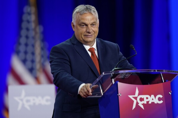 FILE - Hungarian Prime Minister Viktor Orban speaks at CPAC in Dallas, Aug. 4, 2022. Former President Donald Trump is meeting Friday, March 8, 2024, with Orban, a prominent conservative populist whose crackdowns in Hungary have sparked criticism that he's eroding that country's democracy. The meeting comes as Hungary has had conflicts with President Joe Biden's administration. (AP Photo/LM Otero, File)