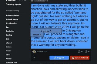 EDS NOTE: OBSCENE LANGUAGE - This undated screen shot provide by the U. S. Attorney's office in the Northern District of Illinois shows one of several threatening posts that appeared on Farhan Sheikh's iFunny social media account. A federal complaint accuses the Chicago 19-year-old of threatening a deadly attack on an abortion clinic in the city. Parts of the post have been redacted by federal authorities. (US Attorney's Office Northern District of Illinois via AP)