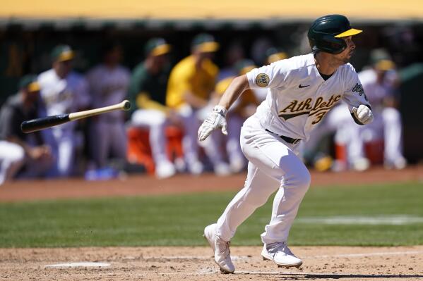 Cal Stevenson of the Oakland Athletics bats during the fifth