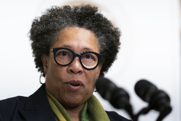 FILE - Housing and Urban Development (HUD) Secretary Marcia Fudge, speaks at the annual Freedman's Bank Forum at the Department of the Treasury in Washington, Oct. 4, 2022. The White House has announced a series of measures that it said would reduce the cost and increase the supply of housing while bolstering protection for renters. The measures announced Thursday, July 27, 2023, would provide communities with funding to reduce zoning barriers, expand financing for affordable and energy efficient housing as well as promoting the conversion of commercial buildings to residential housing. (AP Photo/Manuel Balce Ceneta, File)