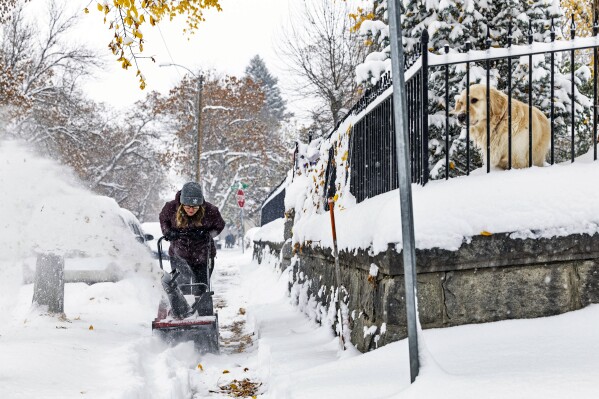 A person clears a snow-covered sidewalk, Wednesday, Oct. 25, 2023, in Helena, Mont. The first major snowstorm of the season dropped up to a foot of snow in the Helena area by Wednesday morning, canceling some school bus routes. (Thom Bridge/Independent Record via AP)