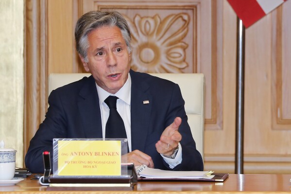 U.S. Secretary of State Antony Blinken speaks during a business roundtable meeting at the Government Office in Hanoi, Vietnam, Monday, Sept. 11, 2023. (AP Photo/Minh Hoang, Pool)