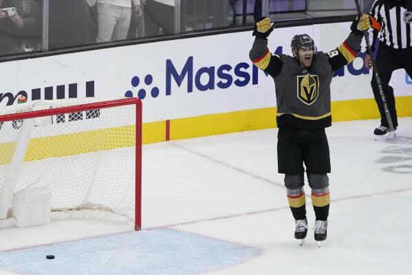 Vegas Golden Knights left wing Max Pacioretty (67) celebrates after scoring against the Colorado Avalanche during the third period in Game 6 of an NHL hockey Stanley Cup second-round playoff series Thursday, June 10, 2021, in Las Vegas. (AP Photo/John Locher)