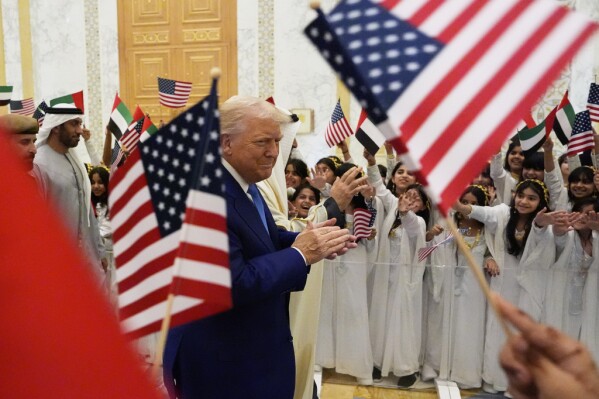 President Donald Trump and UAE President Mohammed bin Zayed Al Nahyan arrive at Qasr Al Watan, Thursday, May 15, 2025, in Abu Dhabi, United Arab Emirates. (AP Photo/Alex Brandon)