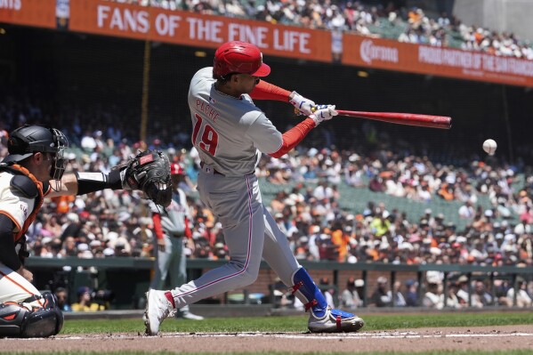 Philadelphia Phillies' Cristian Pache hits an RBI single during the second inning of a baseball game against the San Francisco Giants, Wednesday, May 29, 2024, in San Francisco. (AP Photo/Godofredo A. Vásquez)
