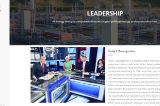 This screen shot from the 45 Energy Group website shows Healy Baumgardner, center, in a photo on the 45 Energy Group Leadership webpage. Baumgardner, a former Trump campaign adviser, is now listed as the CEO of 45 Energy Group, a Houston-based energy company whose website describes it as a “government relations, public affairs and business development practice group.” (AP Photo)