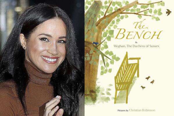 This combination photo shows Meghan, Duchess of Sussex leaving Canada House in London, on Jan. 7, 2020, left, and cover art for her upcoming children's book "The Bench," with pictures by Christian Robinson. The book publishes on June 8. (AP Photo, left, and Random House Children's Books via AP)